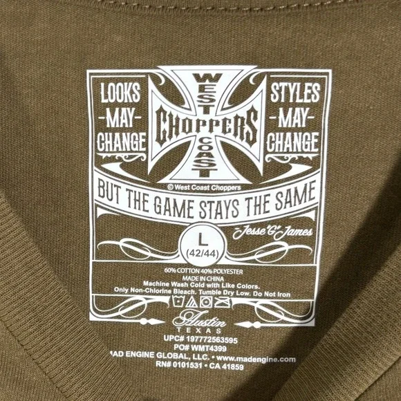 West Coast Choppers Mens Large Olive Green Graphic T-Shirt Cobra Iron Cross Y2K - Picture 4 of 9